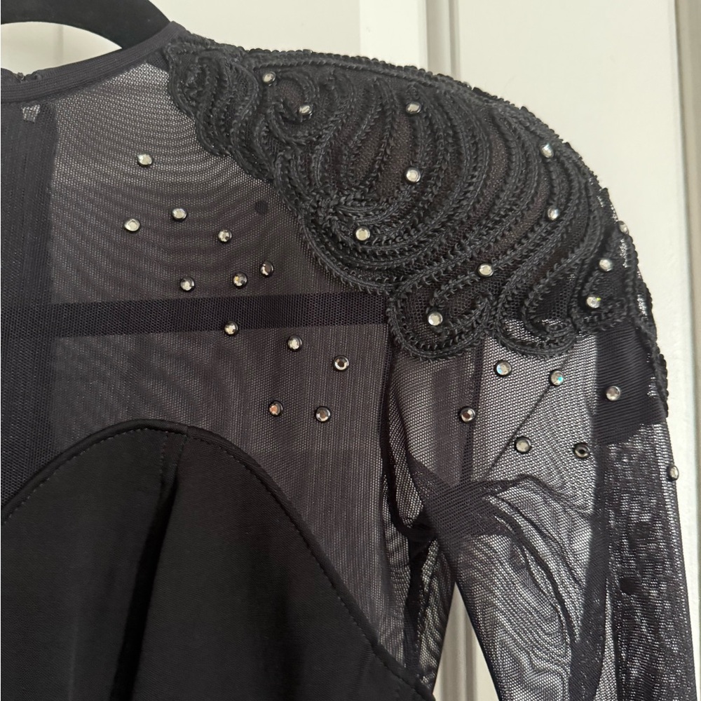 Vintage Tadashi Black Sheer Mesh Sleeves Beaded Shoulder Bodycon Dress Size XS–S - Picture 3 of 8